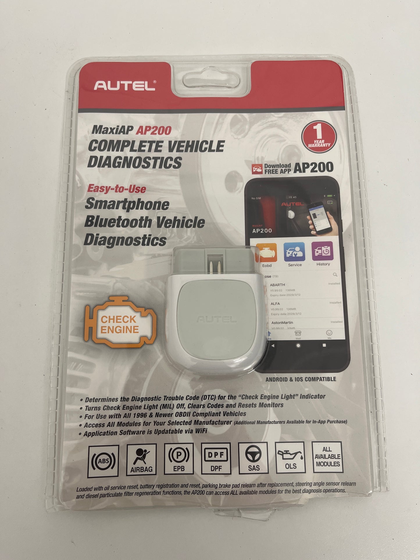 Autel AP200 Bluetooth OBD2 Scanner, Code Reader with Full Systems Diagnoses and 19 Service Functions, Vehicle Scan Tool for iPhone & Android Devices, Mini Size Version of MK808 Diagnostic